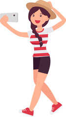 Cute cartoon people female woman character with hat taking selfie