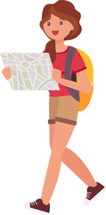 Cute cartoon people female woman character traveler with backpack looking at map
