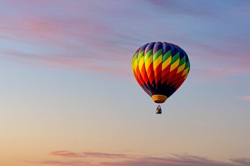 Beautiful view of colorful hot air balloon flying high under sunset sky with clouds