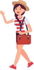 Cute cartoon people female woman character with shoulder bag waving hand