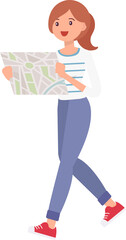 Cute cartoon people female woman character looking at map