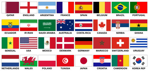 Vector set of national flags of the participating countries of the World Football Championship 2022. 32 flags divided into groups	