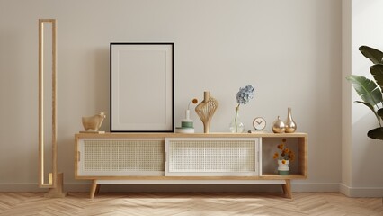 Mock up frame in living room interior on wooden cabinet and accessories.