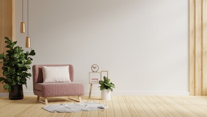 Modern minimalist interior with a pink armchair on empty white wall background.