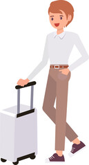 Cute cartoon people male man character standing by a luggage