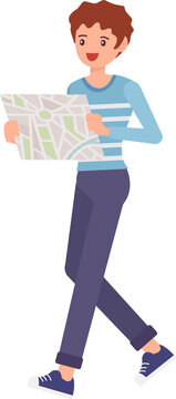 Cute Cartoon People Male Man Character Looking At Map