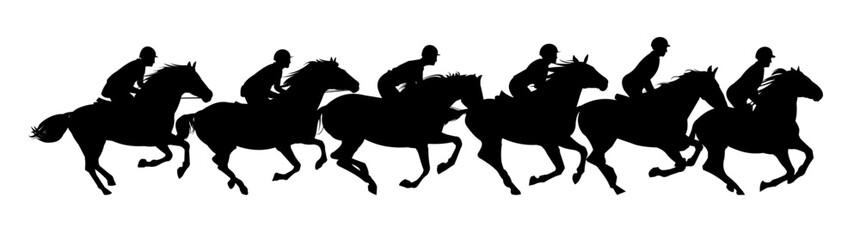 Jockey competition. Horses ride fast. Image silhouette. Sports and sporting pet animals. Isolated on white background. Vector - obrazy, fototapety, plakaty