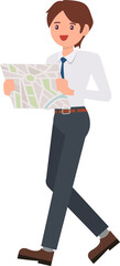 Cute cartoon people male man character looking at map