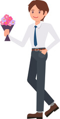 Cute cartoon people male man character holding flower bouquet
