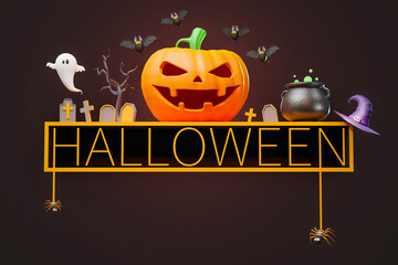 halloween Jack O' Lantern pumpkins. 3d illustration, black background,