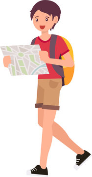 Cute Cartoon People Male Man Character Looking At Map