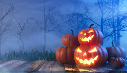 One spooky halloween pumpkin, Jack O Lantern, with an evil face and eyes on a wooden flow. 3d illustration