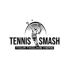 Fototapeta na wymiar tennis player shoot ball logo template illustration. tennis smash championship logo design template