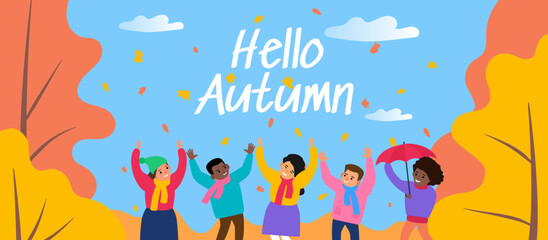 Obraz premium hello autumn group of multiracial children enjoy falling leaves in the park vector illustration