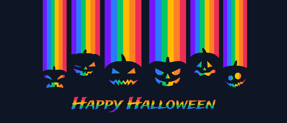 happy halloween lgbt rainbow color rays  scary pumpkins  greeting card banner design vector illustration