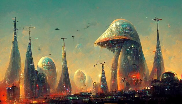 Futuristic Dome City on Mars with mushroom shaped skyscrapers