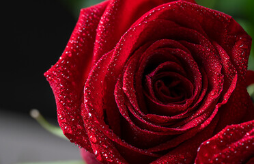 Red rose petals close-up with water drops. Floral background for screensaver, wallpapers, postcards for Valentine's day, birthday, wedding day. High quality photo