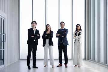 Group business people in formal wear walking standing discussion and proud on success in modern office