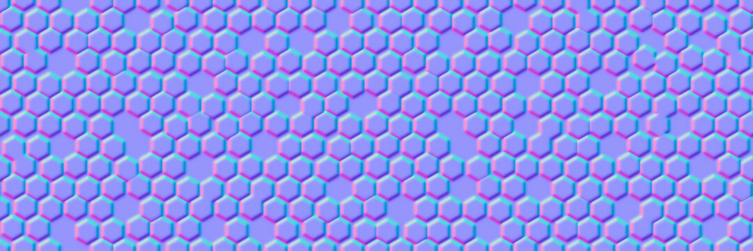 Normal map of uneven honeycomb or metal grid simple seamless pattern with hollows. Bump mapping of irregular hive cell texture. Hexagon geometry material 3d rendering shader illustration