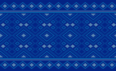 Blue Knitted Pattern Vector, Embroidery Continuous Background, Tribal Crochet retro, Fashion Decorative retro