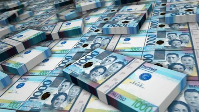 Philippines money Philippine Peso banknote bundle loop. PHP money stacks. Concept of business, economy, banking and finance. Camera over cash packs. Loopable seamless 3d animation.