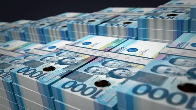 Philippines money Philippine Peso banknote bundle growth up loop. PHP money stacks. Concept of cash pack, banking, travel, business, economy and finance. Loopable seamless 3d animation.