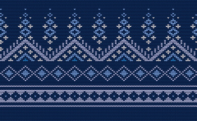 Blue and White Embroidery Pattern, Knitted Classic Background, Vector Ethnic Continuous abstract, Aztec Antique seamless
