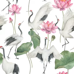 Foto op Plexiglas Watercolor seamless pattern with cranes and lotuses. Hand drawn  illustration on white background. Vintage print © natikka