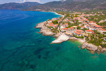 Aerial drone photo of the picturesque Kardamili village  in Messinian Mani, Peloponnese, Greece