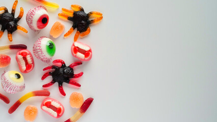 Close-up bright jelly candies,spiders,eyes,jaws,worms and bats,on white background,top view,flat...