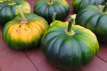 Pumpkins on a wooden surface. Harvest in the country. Cucurbita from the garden. Green squash. 