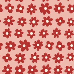 Retro flowers seamless repeat pattern. Random placed, vector ditsy daisy all over surface print.