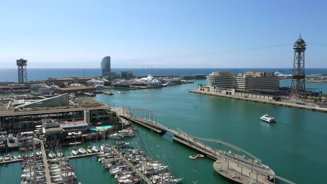 Aerial view of Rambla del Mar and Port Vell in Barcelona Spain