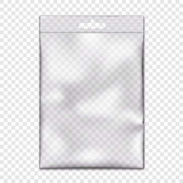 Clear vinyl resealable zipper pouch with euro slot on transparent background vector mock-up. Blank empty hanging plastic bag with zip lock realistic mockup