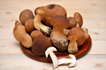 fresh mushrooms raw unshelled boletus on a wooden background