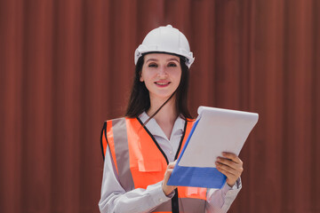 Portrait Caucasian woman with Container box Shipping Logistics Engineering of Import/Export Transportation Industry, Female Safety Transport Engineer holding paper clipboard standing by shipyard.