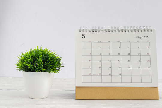 may 2023 Desktop calendar for planners and reminders on wooden table with plant pots on a white background.