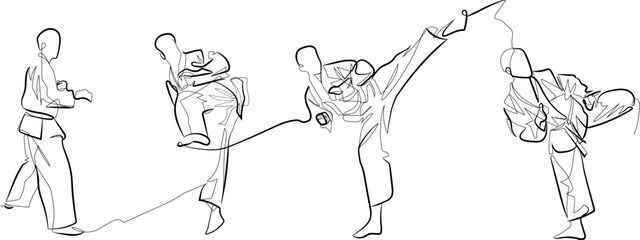 One continuous line minimal art Taekwondo Reverse Turning Kick Spinning Hook Kick side kick strong kick in motion - obrazy, fototapety, plakaty