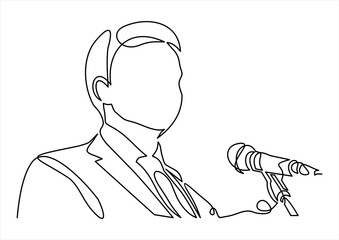 Business conference, business meeting. Man at rostrum in front of audience. Public speaker giving a talk at conference hall- continuous line drawing