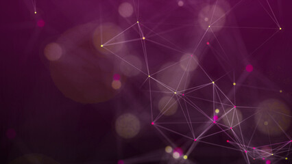 Visualization of big data. The concept of network connectivity . Abstract pink background with lines and dots of different colors. 3D rendering.