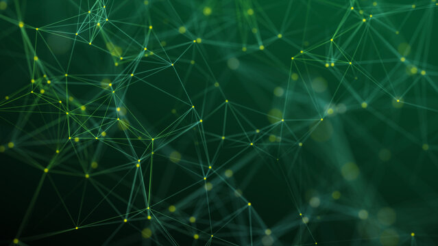 Visualization of big data. The concept of network connectivity . Abstract green background with lines and dots of different colors. 3D rendering.
