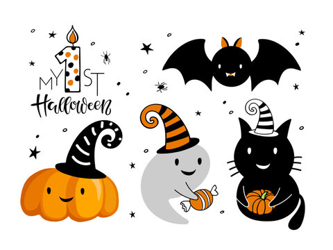 Halloween set. Baby characters collection. Nice good-natured ghost, black cat, pumpkin, bat, my 1st Halloween sign. Elements for happy Halloween party. Funny Happy Halloween flat cartoon vector