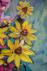 Yellow and purple autumn flowers on a turquoise background.
