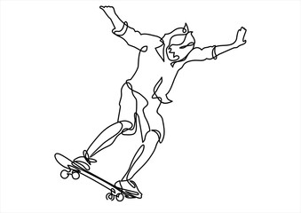 Continuous line drawing. Boy riding a skateboard. 