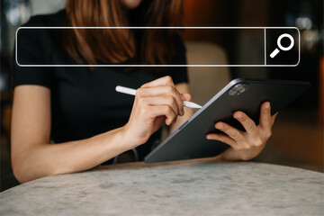 Searching Browsing Internet Data Information Networking Concept with blank search bar.man working with mobile phone and laptop computer VR icon in office.