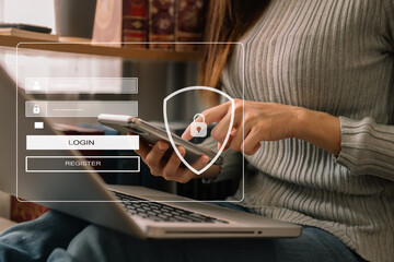 Cyber security concept, Login, User, identification information security and encryption, secure access to user's personal information woman using smart phone and tablet in office.