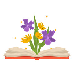 Open book with a bouquet of beautiful flowers and stars. Vector graphic.