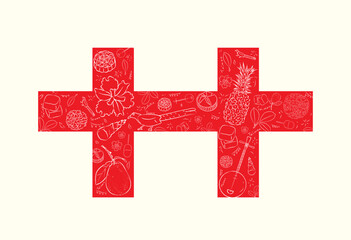 Obraz premium Red double ten with white several Taiwanese food, animals, instruments, and flowers in flat vector illustration