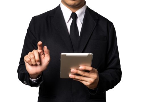 Business man working on digital tablet isolated white background.illustration vector illustrator Ai.PNG.