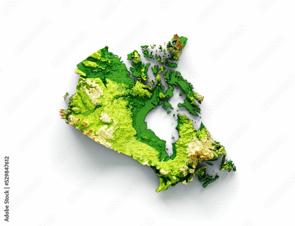 Poster 3d rendering of a canada-shaped map with shaded relief isolated on white background